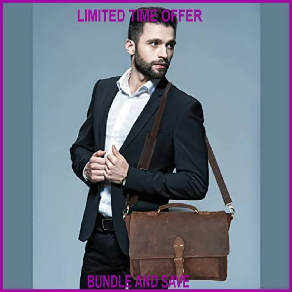Leather Laptop Messenger Bag 15.6 Inch Vintage Style Adjustable Strap